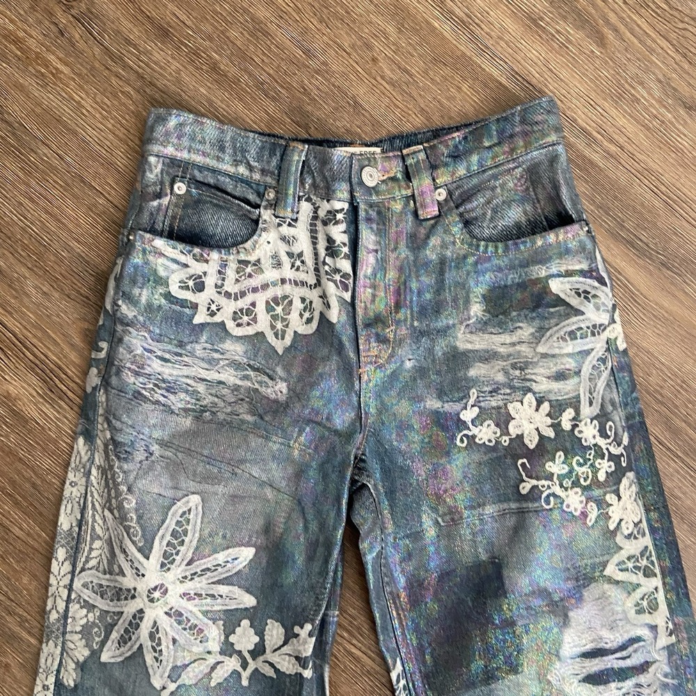 Free People We The Free Tinsley Baggy Iridescent Lace High Rise Jeans 25 - Picture 5 of 12
